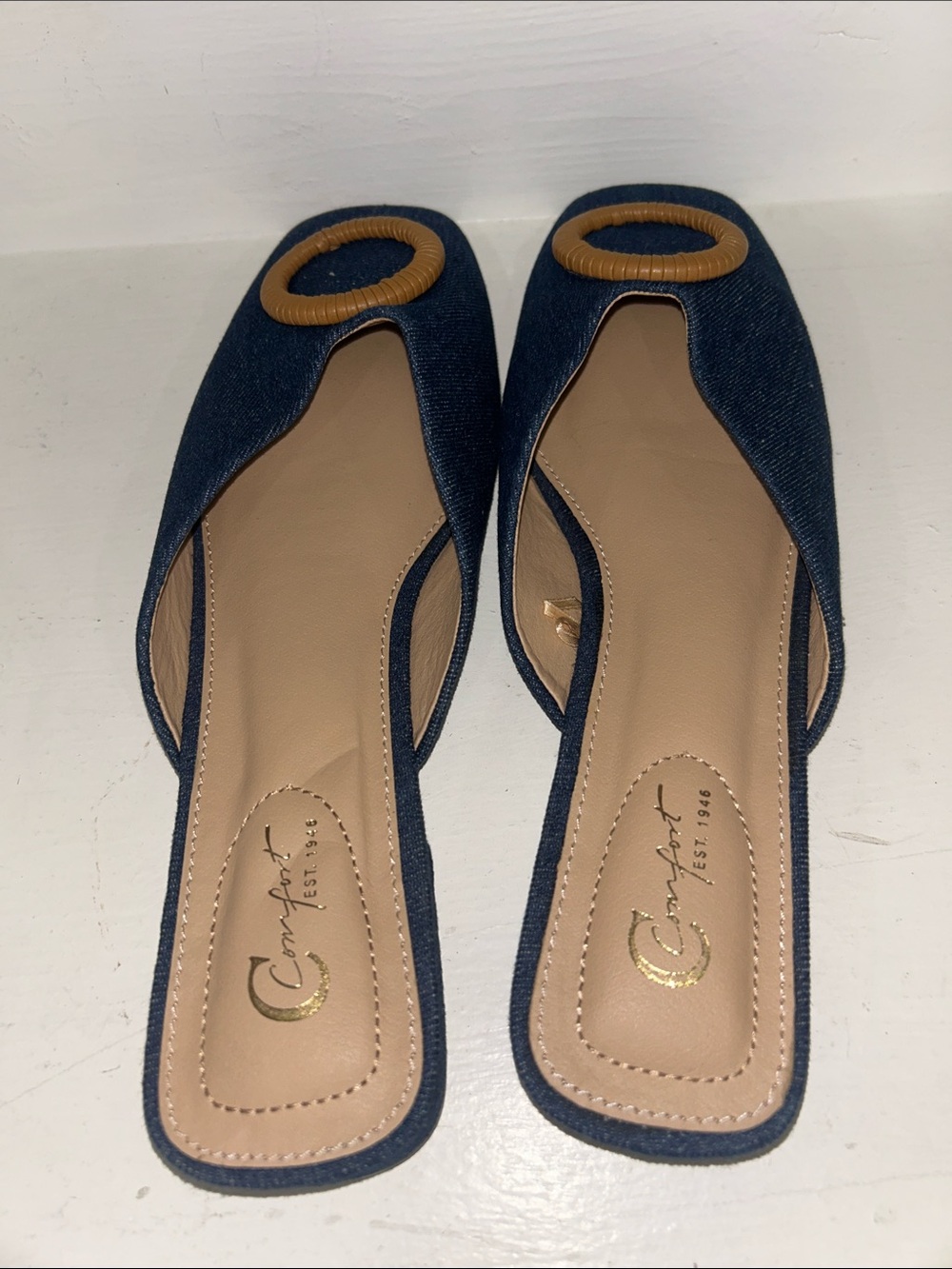Denim Slide Mules with Tan Ring Detail - Women Shoes - Picture 2 of 3